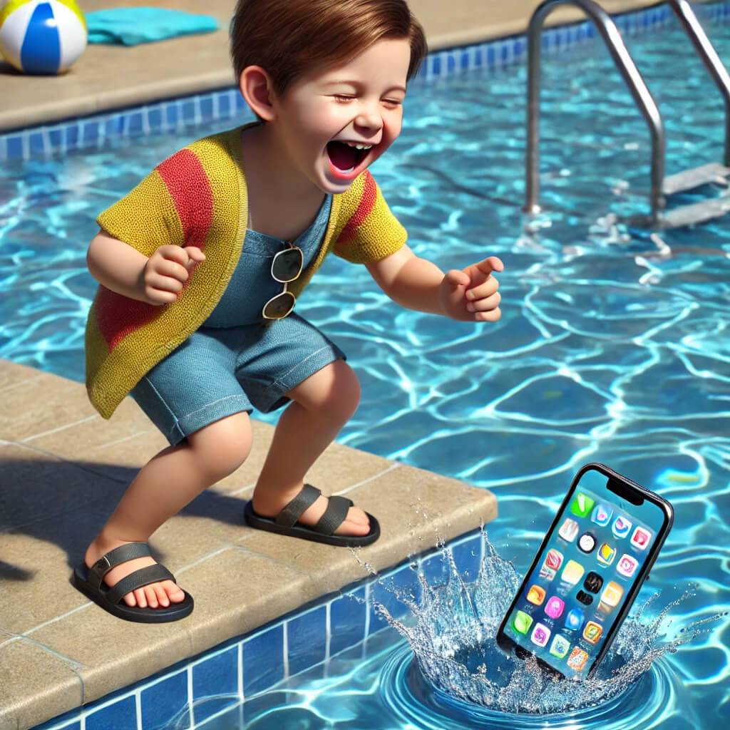 child dropping a iphone into the water at a pool