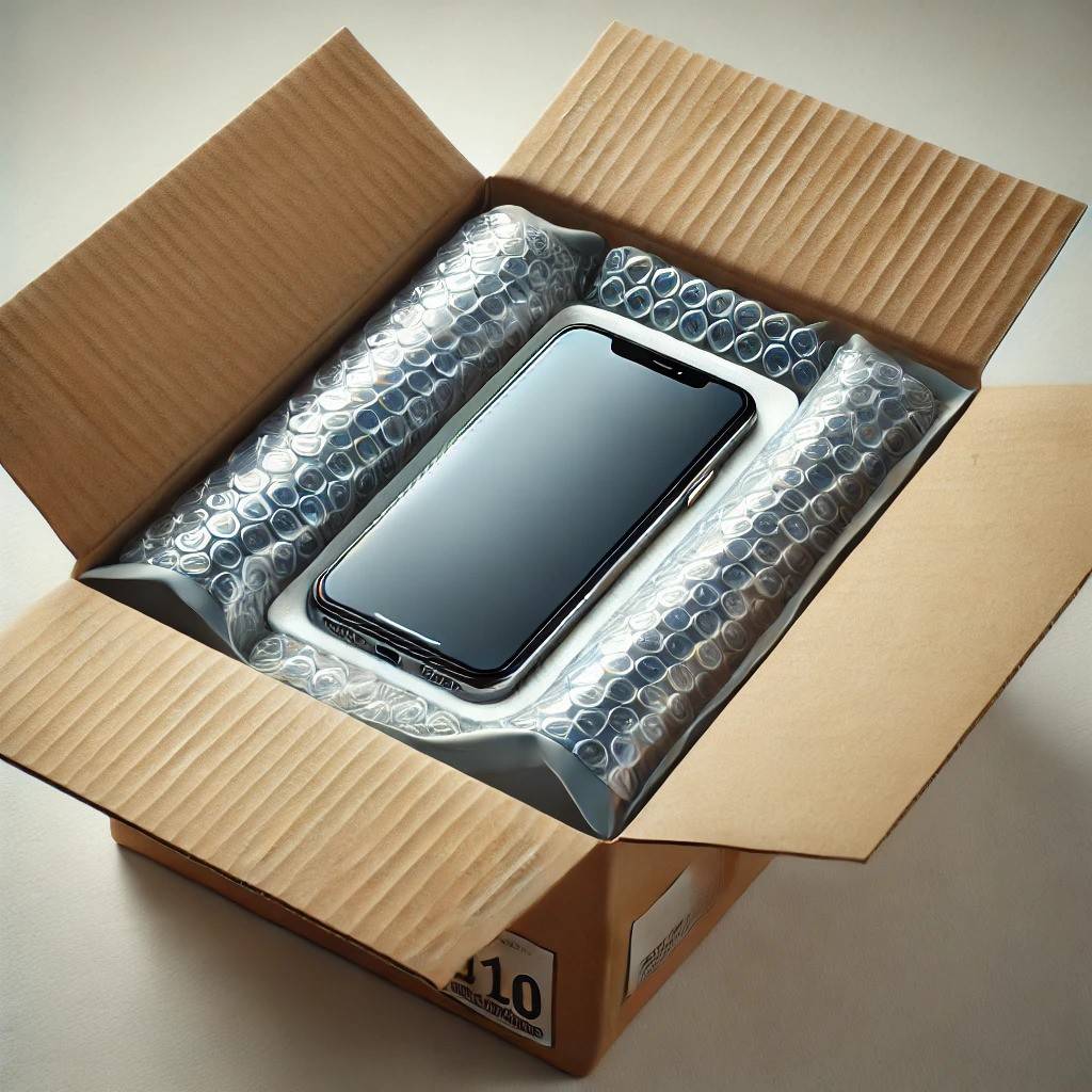 cell phone in shipping box