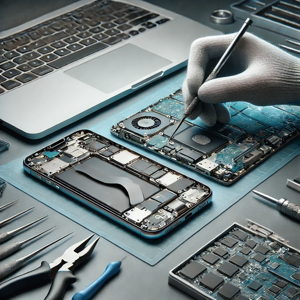 cell phone and laptop being repaired on repair desk